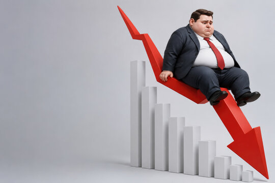 A worried businessman rides a red downward arrow beside falling bars. Space for text.