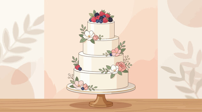 An elegant flat design illustration showcasing a multi-tiered wedding cake adorned with delicate flowers and a charming topper. This image symbolizes the sweet centerpiece of a wedding celebration