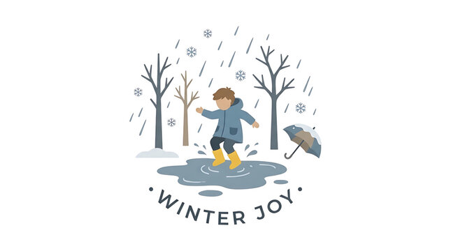 Happy child jumping in a puddle during a winter day with snow and rain