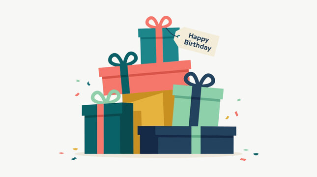 This cheerful flat design illustration features a vibrant stack of birthday presents, tied with colorful ribbons and bows, topped with a 'Happy Birthday' tag.