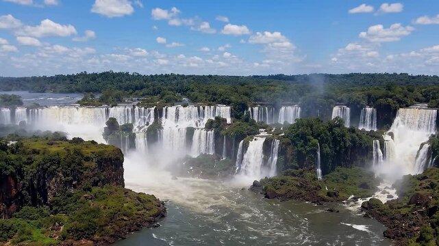 Majestic Iguazu Falls National Park Brazil Argentina Wide Shot Lush Greenery