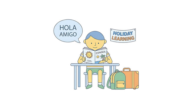 A young boy sitting at a desk reading an spanish language book during his holiday learning session