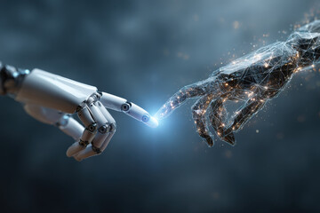 Fototapeta premium Robotic hand touching human hand made of connections and light