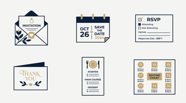 A sophisticated flat design icon set featuring 6 essential wedding stationery items, perfect for illustrating communication and guest management. 
