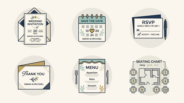 A sophisticated flat design icon set featuring 6 essential wedding stationery items, perfect for illustrating communication and guest management. 