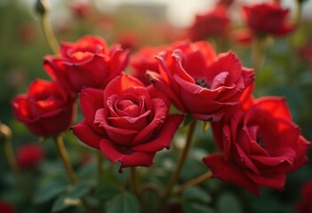 Naklejka premium Breathtaking Collection of Bold Red Roses Vibrantly Unfolding in All Their Glory Within Lush Harmonious Garden Bed