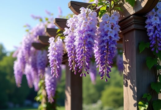 Cascading Wisteria Purple Flower Clusters Charming Pergola Tranquil Outdoor Setting