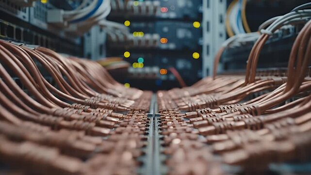 Server Room Copper Crossconnect Cables - A close-up, medium shot showcases rows of bulky, legacy copper crossconnect cables in a server room.