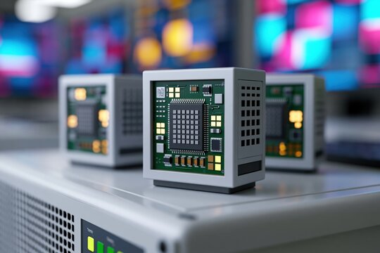 Compact circuit boards on server testing bench in modern technology lab