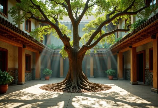 Impressive Banyan Tree with Dramatic Aerial Roots Nestled in Cozy Courtyard Oasis