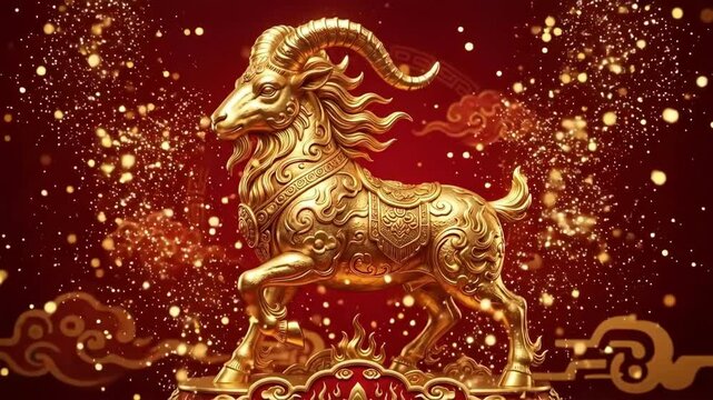 Ornate golden ram statue standing proudly on red pedestal with flames and clouds. Symbol of fire goat in chinese zodiac for 2027 new