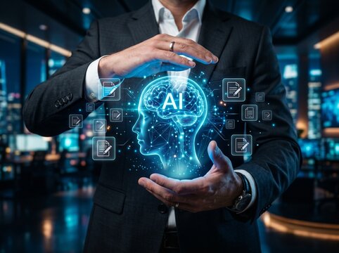 AI-powered document generation. Automatic summarization. Generative AI for proofreading and editing. Businessperson holding an artificial intelligence icon.