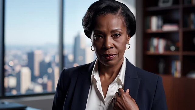 Confident Mature Businesswoman Posing for Corporate Portrait - A sophisticated mature businesswoman wearing a dark blazer and white shirt poses for a portrait in her office.