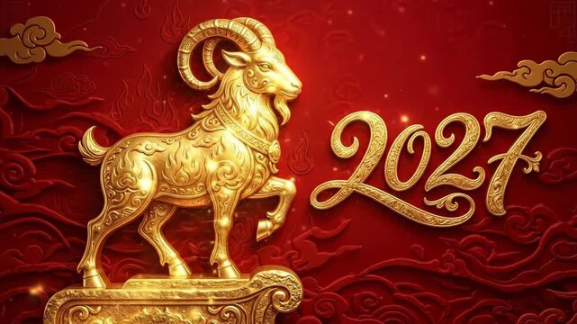 Golden goat statue with ornate fiery details on red background. 2027 Chinese zodiac symbol representing year of the fire goat. Lunar new year celebration and prosperity concept with elegant design