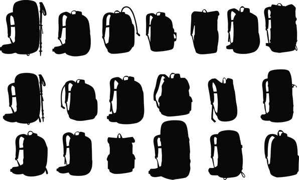 Silhouettes of Various Backpack Styles with Distinct Straps and Pockets for Travel, School, and Outdoor Design Concepts