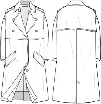 Reefer Coat, Trench Coat, Long Coat Fashion Flat Sketch Vector Illustration, CAD, Technical Drawing, Flat Drawing, Template, Mockup.
