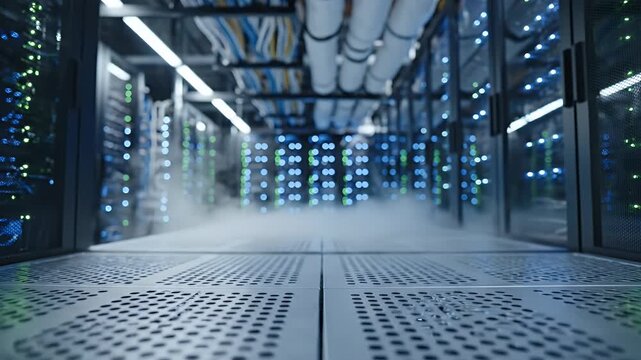 Data Center Cooling Corridor with Perforated Raised Floor - A perspective view down a modern data center corridor, focusing on perforated raised floor tiles with a mist of cooling vapor.