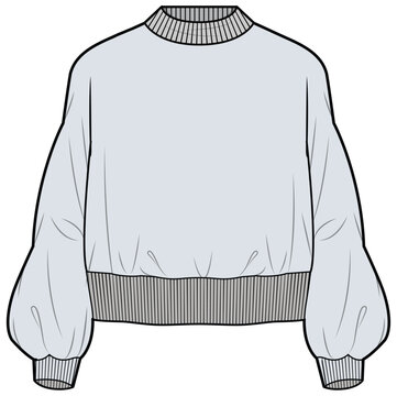 High Neck Bishop Sleeve Crop Pullover Sweater Illustration, Vector, CAD, Technical Drawing, Flat Drawing, Template, Mockup.	