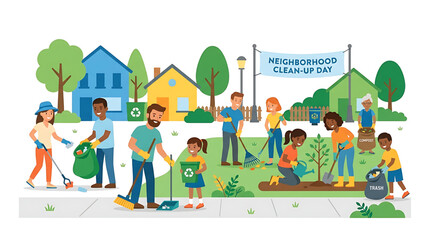 Fototapeta premium Diverse group of volunteers participating in a neighborhood cleanup day, cleaning streets and planting trees in a community park