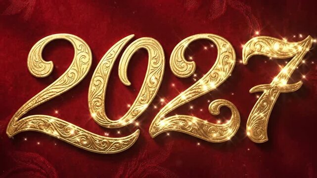 Ornate golden 2027 numerals on red velvet background. Chinese zodiac year of the fire goat or sheep. New year celebration and horoscope concept for 2027 festivities