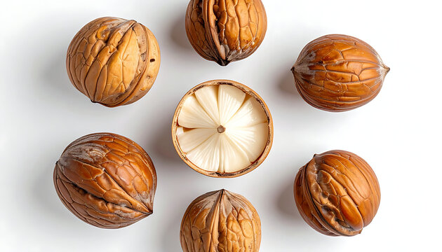 A collection of whole and halved shelled macadamia nuts arranged in a circle on a white background, showcasing texture and detail