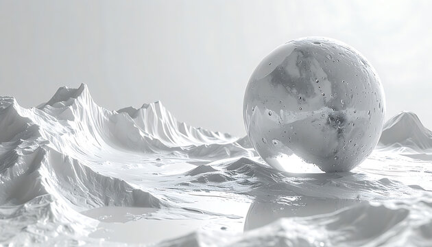 Abstract alien landscape with a large reflective sphere, detailed terrain, and sparse dark specks, monochrome mood, futuristic or surreal concept
