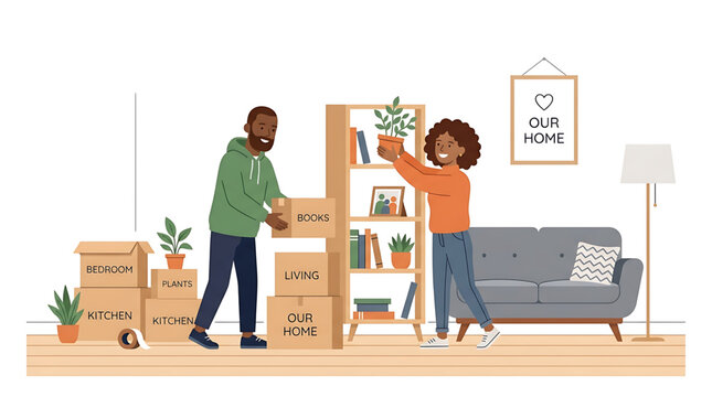 Happy couple unpacking cardboard boxes in their new home