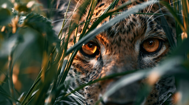 Predator in ambush hidden in tall grass with sharp eyes and partial face, tense quiet wildlife moment before movement cinematic photorealistic