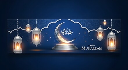 Fototapeta premium Happy muharram islamic new year festive background with crescent moon