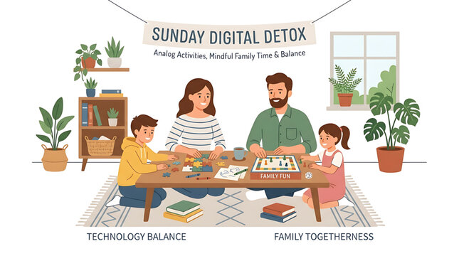 Family enjoying sunday digital detox with board games and puzzles at home