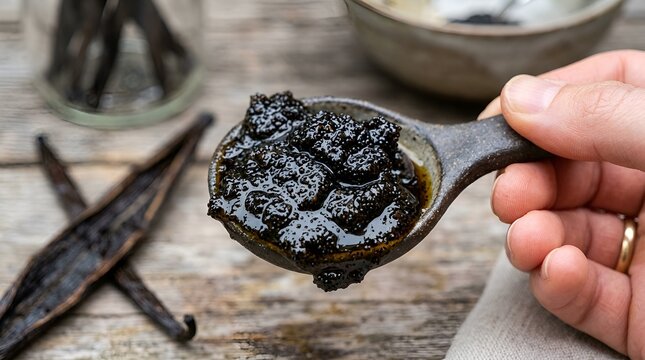 Vanilla bean paste on ceramic spoon, culinary ingredients close-up