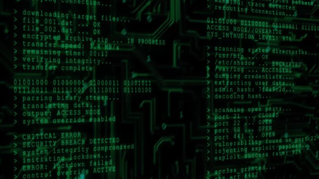 Binary code display and hacker text interface overlay on circuit board background. Binary code streams over a digital circuit board interface, simulating a hacker's screen. 