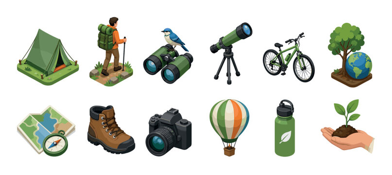 Camping tent hiker binoculars telescope bicycle map compass boot camera hot air balloon water bottle plant icons isometric vector illustration