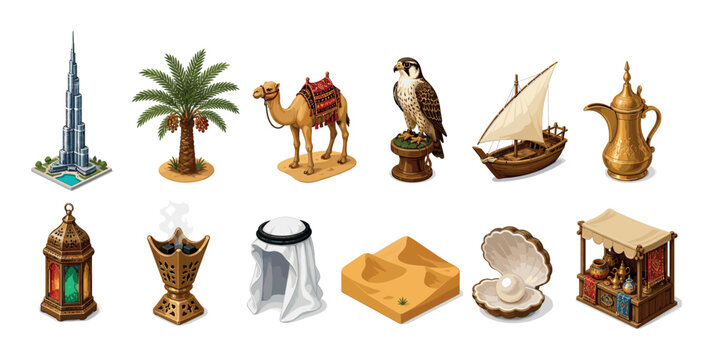 Burj Khalifa palm tree camel falcon dhow boat dallah lantern incense burner keffiyeh sand dune pearl market stall icons set