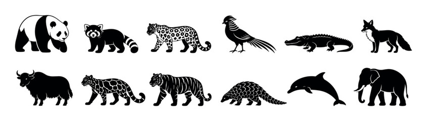 Obraz premium Panda red panda leopard pheasant alligator fox yak clouded leopard tiger pangolin dolphin elephant animal icons vector illustration