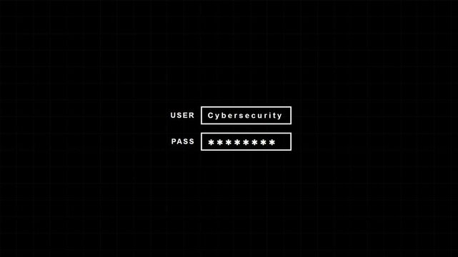 Minimalist digital login screen animation with user typing on dark grid background, concept of cybersecurity and data privacy.