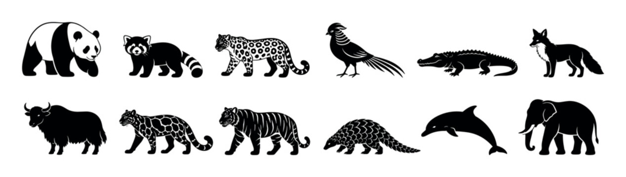 Panda red panda leopard pheasant alligator fox yak clouded leopard tiger pangolin dolphin elephant animal icons vector illustration