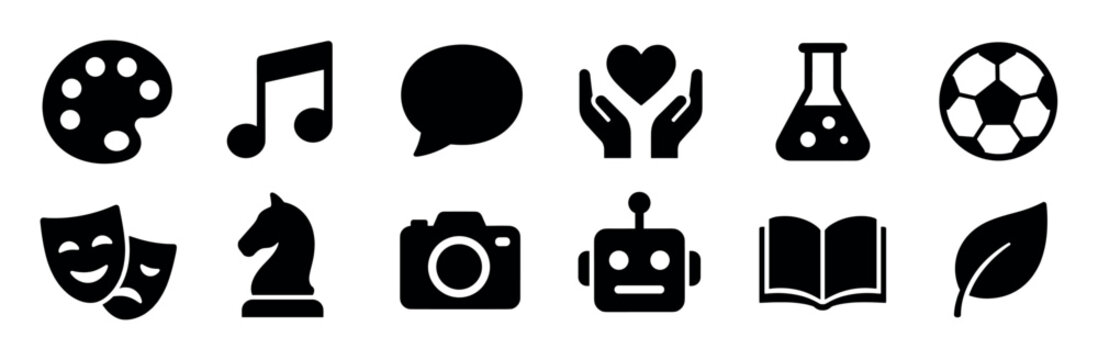 Palette music note speech bubble heart hands flask soccer ball masks chess knight camera robot book leaf icons set