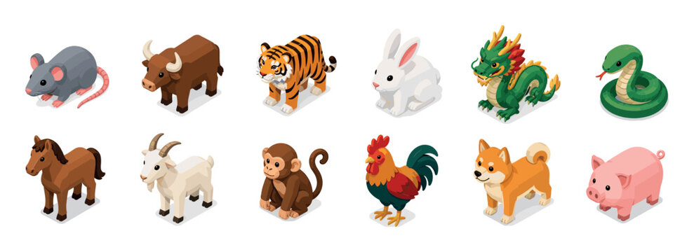 Rat ox tiger rabbit dragon snake horse goat monkey rooster dog pig Chinese zodiac animals isometric vector illustration