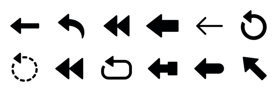 Arrow back undo refresh previous rewind icons set, a collection of user interface elements for navigation and control in flat design style