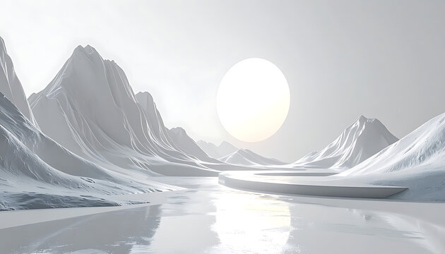 abstract winter landscape with a bright sun over snowy mountains and a reflective icy lake, serene cold atmosphere, digital art