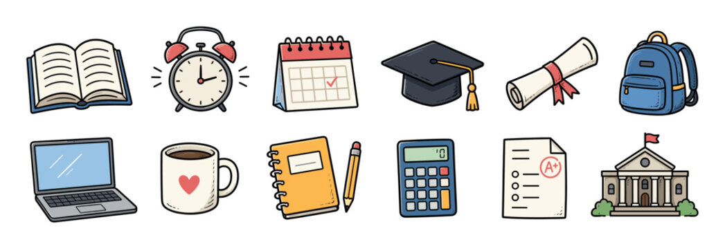 Book alarm clock calendar graduation cap diploma backpack laptop coffee mug notebook pencil calculator test paper school building vector illustration set