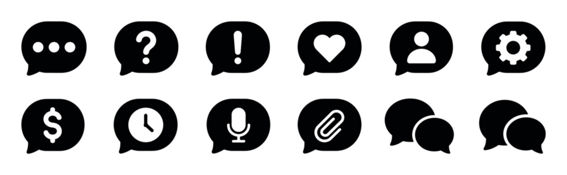 Chat bubble message question mark exclamation heart user gear dollar clock microphone paperclip icons glyph set