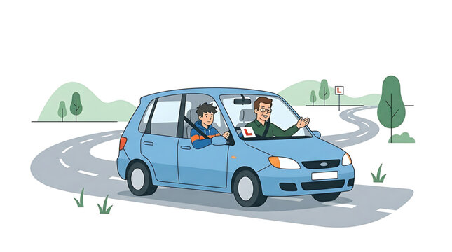 Driving instructor teaching a young man to drive a car on a winding road