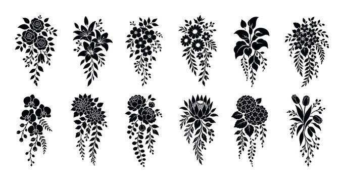 Rose lily orchid peony tulip hydrangea flower bouquets with leaves and berries, elegant floral silhouette vector illustration set