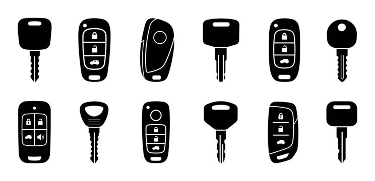 Car keys remote control fobs security access icons set, black silhouette vector illustration