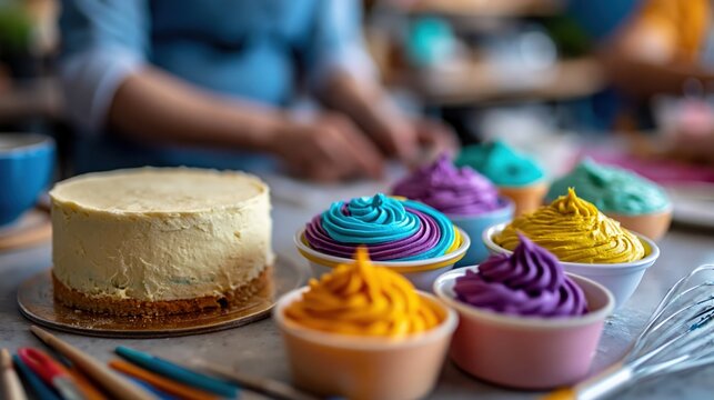 Pastry chef preparing colorful frosting beside undecorated cake at organized baking station