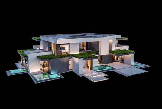 3d rendering of two-story house with parking and pool for sale or rent with concrete facade and beautiful landscaping on background. Clear night isolated on black