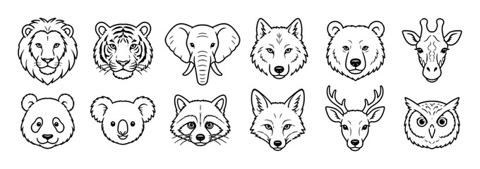 Fototapeta premium Lion tiger elephant wolf bear giraffe panda koala raccoon fox deer owl animal heads line art vector illustration set