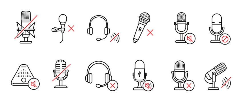 Microphone headset speaker mute icons with crossed out symbols, representing sound off or disabled audio in a linear vector illustration set